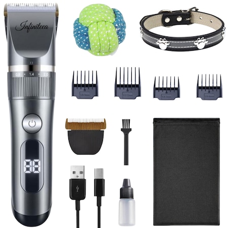 Masina de Tuns animale Infiniteea™️ pentru Caini si Pisici, Profesionala, Rezistenta la apa, Fara Fir, Ecran LED, Lama Ceramica de Rezerva, Cablu USB, Husa de Transport, Jucarie, Zgarda si 4 Accesorii de Tuns incluse