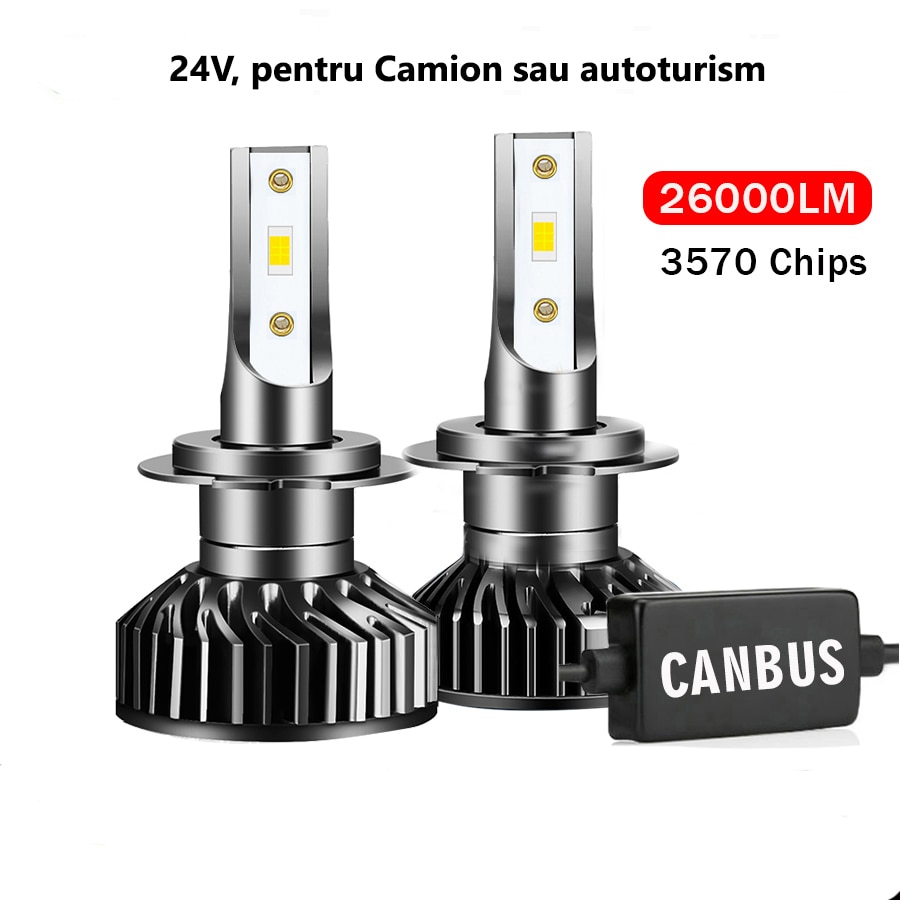 Set 2 becuri LED H7, Canbus, lumina 6000K, 26000 Lumeni, 110W, 24V pentru  camioane si autoturisme 