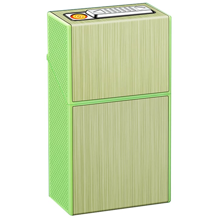 Tabachera, cu bricheta electrica, fosforescenta, incarcare cu USB, capacitate 20 tigarete, cu diametru normal, Auriu, OptimStar®