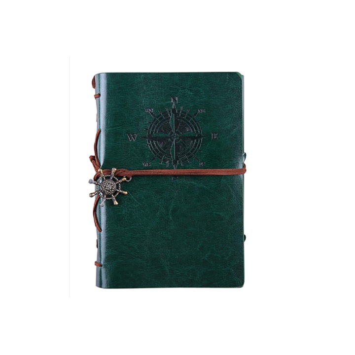 Jurnal De Calatorie, 18.5 x 13 cm, Fabricat Din Piele Ecologica, Legat In Coperta Tare, Foi Plasate In Inele Metalice, Cu Posibilitate De Scoatere, Trandafirul Vanturilor Embosat Pe Coperta, Verde, 80 De Foi