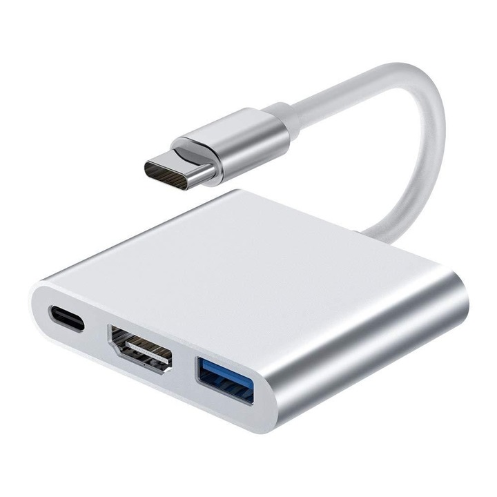3 in 1 adapter multifunctional USB-C la HDMI Techstar® DJ3IN1, HDMI 4K, 1 x USB 3.0, 1 x USB C, port PD, argintiu
