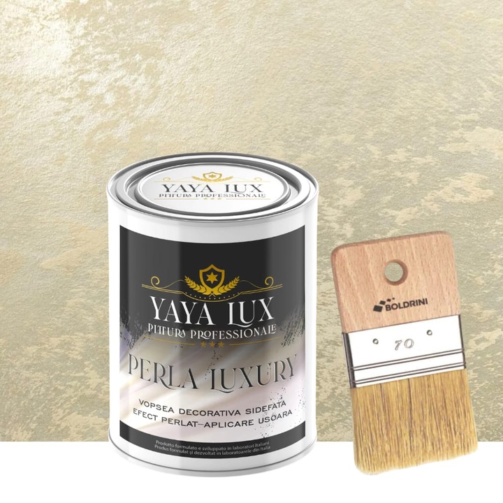 Vopsea decorativa de Lux, Perla Luxury Bej Sampanie cu Fulgi Perlati, 1 L si Pensula 70 mm, YaYa Color