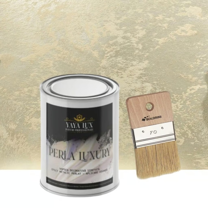 Vopsea decorativa de Lux, Perla Luxury Bej Sampanie cu Fulgi Perlati, 1 L si Pensula 70 mm, YaYa Color