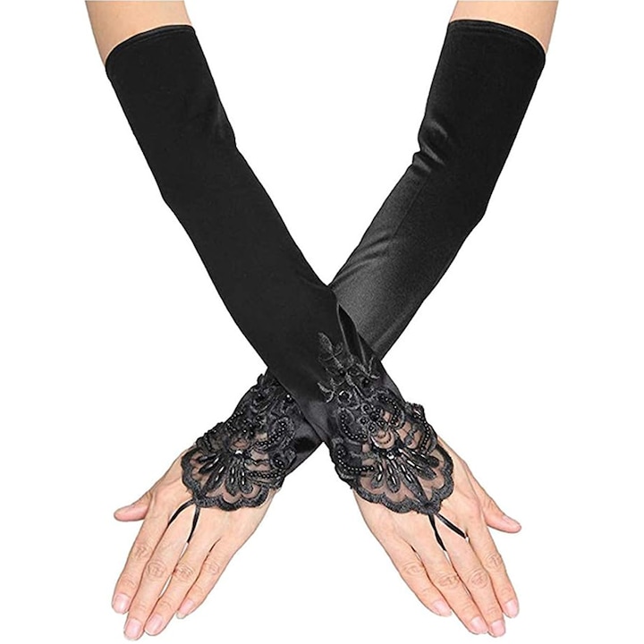 Дамски ръкавици, елегантни, дълги до лакътя, булчински, без пръсти, сатен с дантела, универсален размер, черни, Cafuneplus®