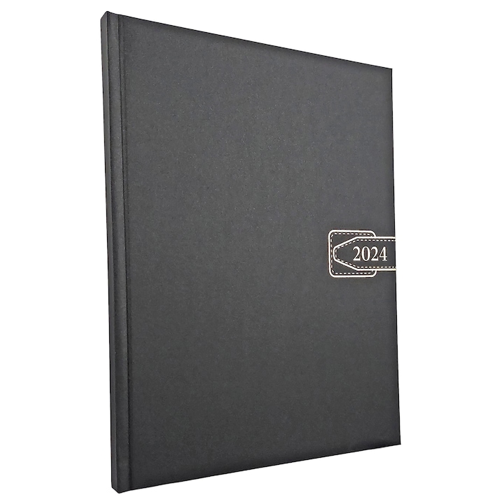 Agenda datata 2024, format A4, pentru programari, cu 152 pagini, cu coperta buretata de culoare negru mat, semn de carte textil si bloc cusut in fascicule