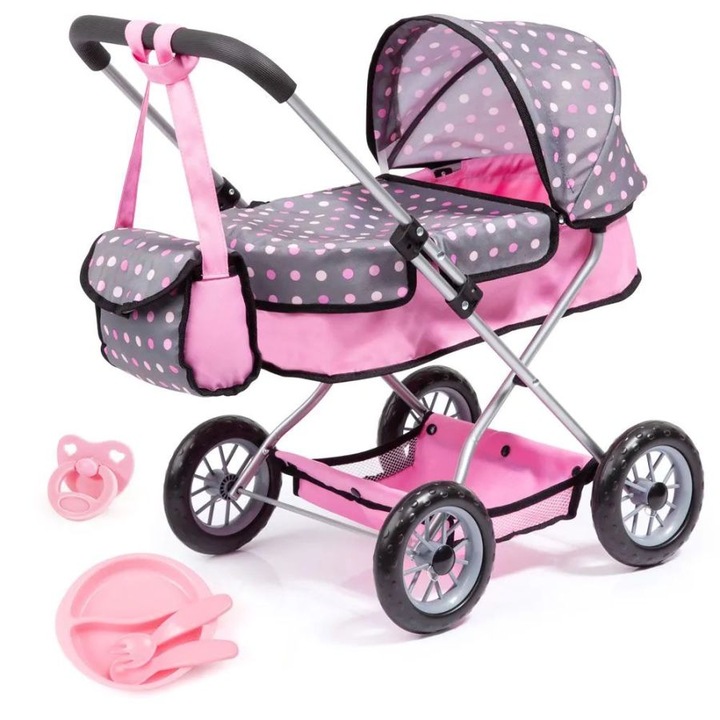Carucior pentru papusi cu geanta si accesorii masa Bayer Smarty grey pink