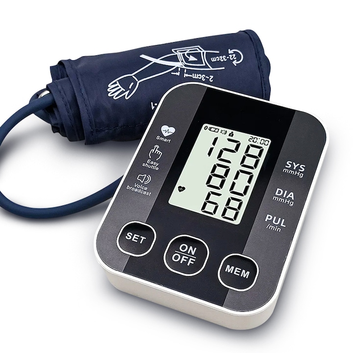 Digitális kar vérnyomásmérő hangjelzéssel, 2 felhasználó, 99 eredmény, aritmiajelző, USB és 4xAA