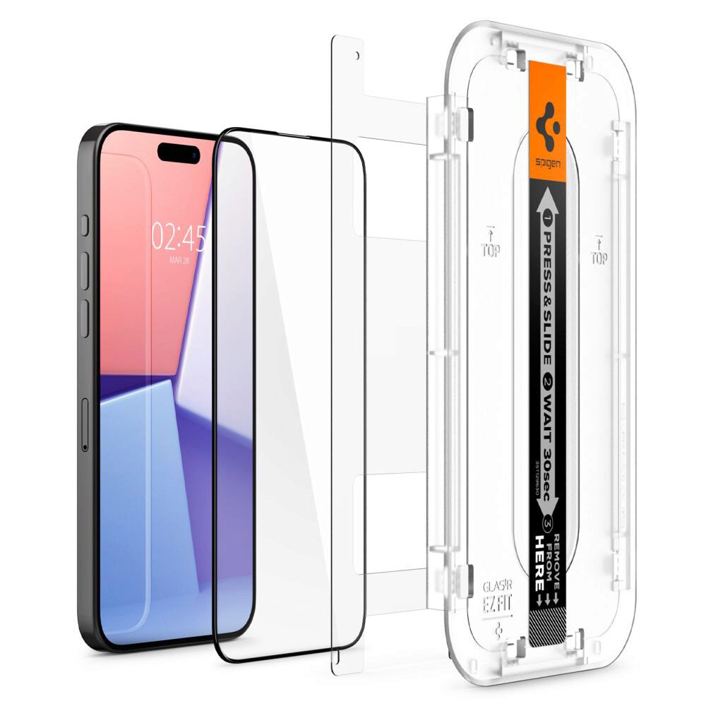 Set 2 folii sticla cu sistem de montare Spigen GLAStR EZ FIT compatibil cu iPhone 15 Pro Black