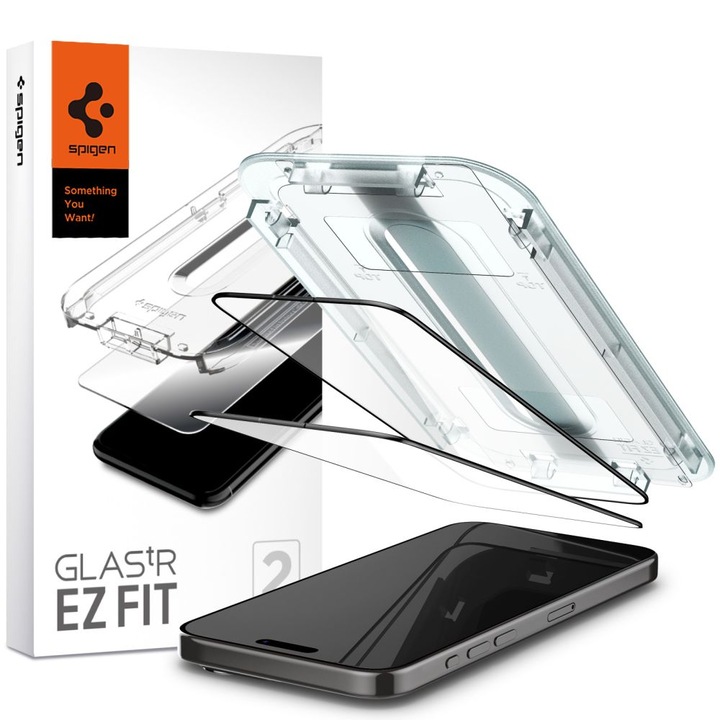 EZ FIT протектор за екран за Apple iPhone 15 Pro, защитено стъкло, пълно лепило, комплект от 2, 2.5D, подходящ за калъф, Grip Pro, U302, черен