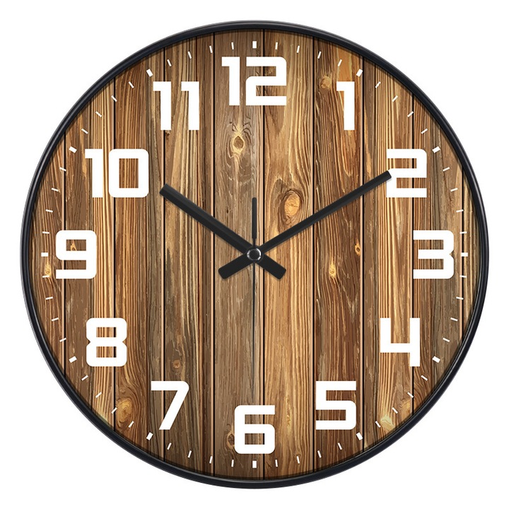 Ceas de perete decorativ lemn, stil rustic, silentios, 30x30cm