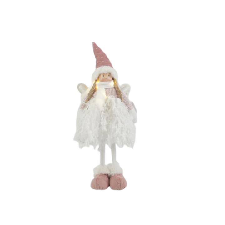 Karácsonyi dekoráció, Angyal leddel, 47cm, fehér és rózsaszín