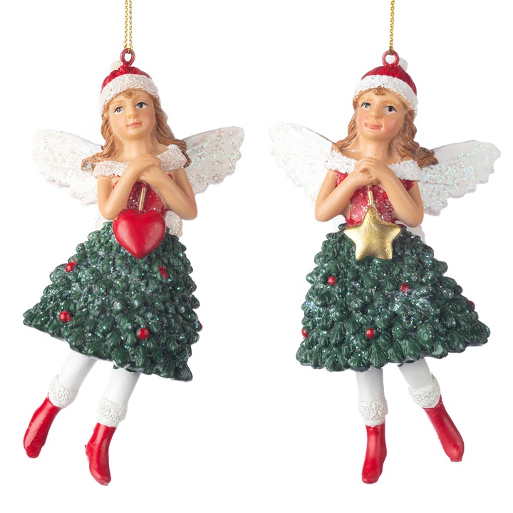 Decoratiune Craciun, Set de 2 Ingerasi, 12cm, Alb, Rosu si Verde