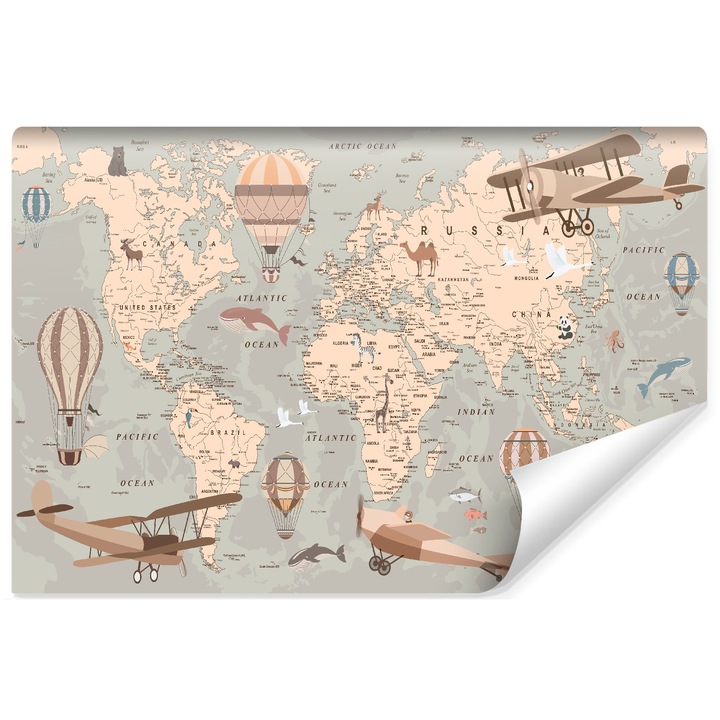 Muralo Fotótapéta gyerekeknek Világtérkép állatokkal retro stílusban 368 x 254cm Vlies, Modern design