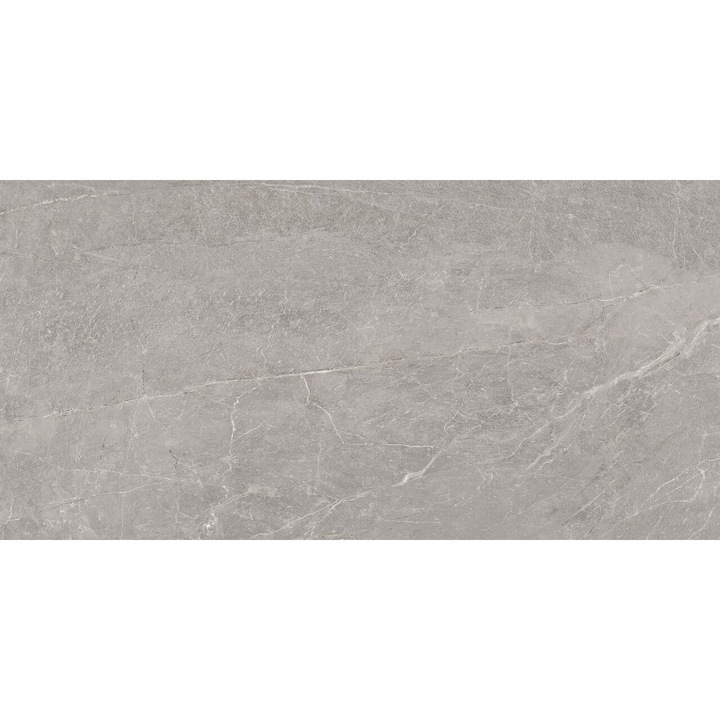 Gresie portelanata rectificata Tempo Ash, tip marmura, 75x150 cm, culoare gri, finisaj mat