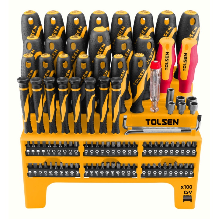 Set surubelnite GRIPro TOLSEN 100 piese, varfuri magnetice Cr-V, maner 2 componente, clichet 72 dinti, surubelnite VDE, imbusuri, biti 1/4", mufe, tester tensiune, cutie prezentare