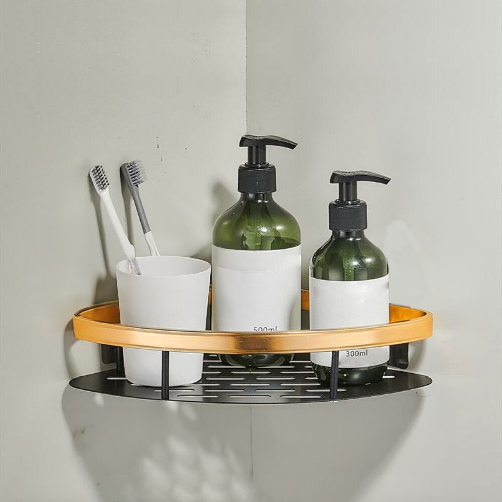 Set de 2 rafturi de baie, coltar, negru si auriu, cu ventuze de ...