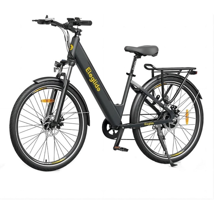 Bicicleta electrica, Eleglide T1 Step-Thru City E Bike, roti de 27,5 inchi, Trekking, pentru naveta, cu baterie detasabila de 36 V 12,5 Ah, afisaj LCD, Schimbator Shimano 7 viteze pentru adulti, Culoare Negru-Gri