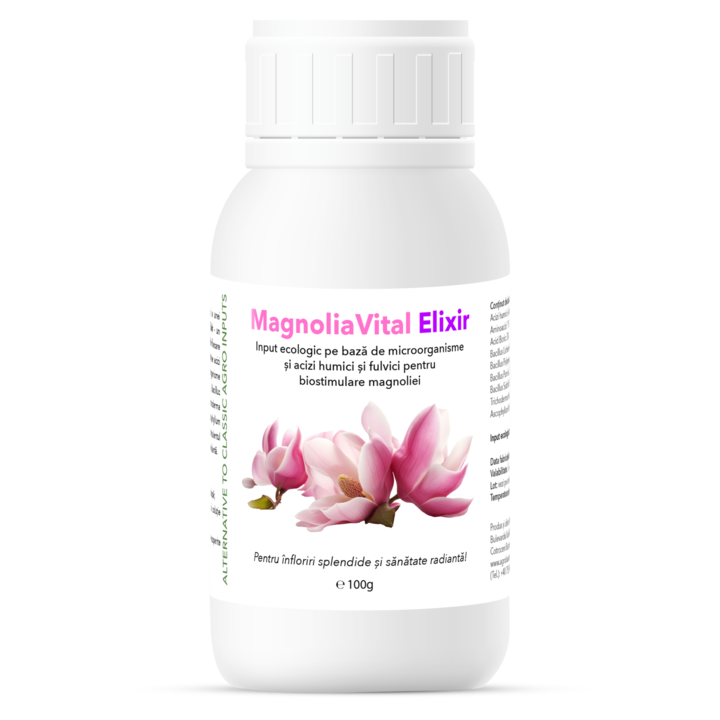Biostimulator pe baza de microorganisme si acizi humici si fulvici pentru biostimularea magnoliei, MagnoliaVital Elixir, 100 g doza unica