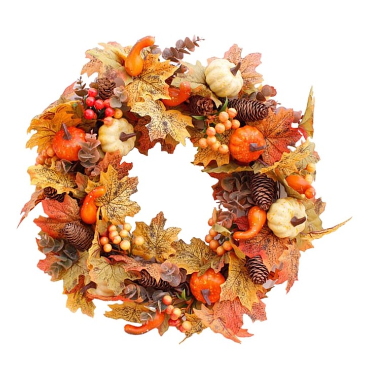 Coroana Artificiala, Frunze de Toamna si Dovleci, Multicolor, 50cm