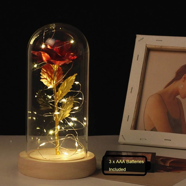 Trandafir din sticla "Frumoasa si Bestia", placat cu aur 24K, lumina LED, multicolor, 2m