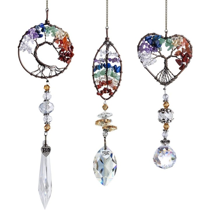 Set 3 ornamente realizate manual, JeiibrZui, Piatra semipretioasa/Cristal, Multicolor