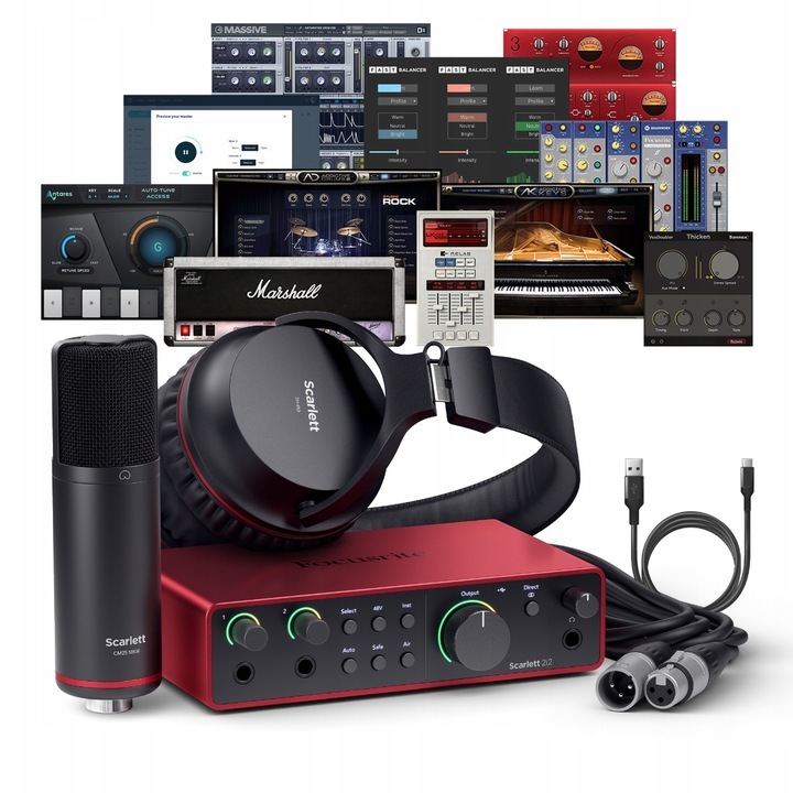 Focusrite Scarlett 2i2 Studio 4th Gen, set complet, microfon CM25 MkIII, casti SH-450, USB Type-C