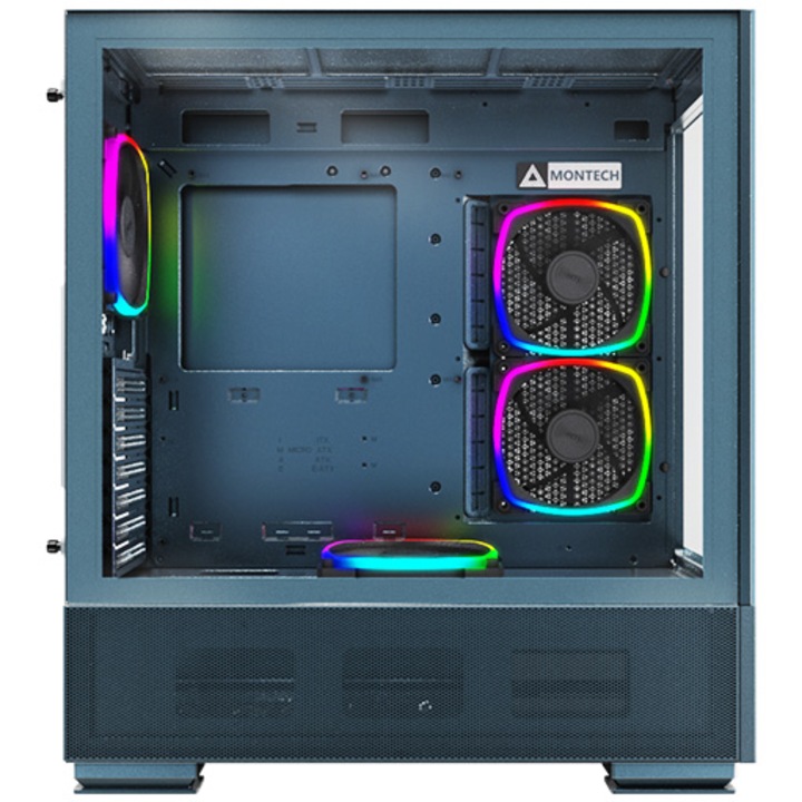 Компютърна кутия Montech Sky Two, Без захранващ блок, ATX, Morocco Blue, Закалено стъкло, ARGB