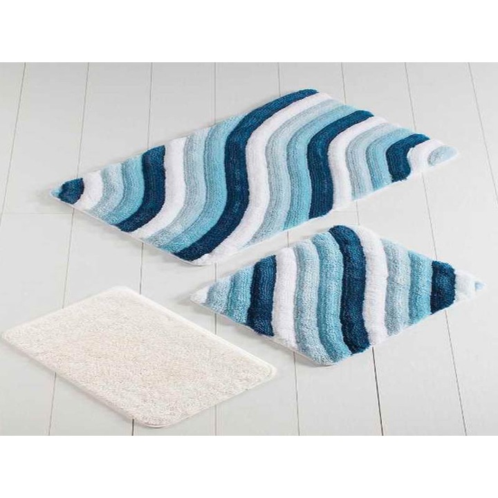 Комплект от 3 постелки за баня, Chilai Home, цветни, сини, акрилни