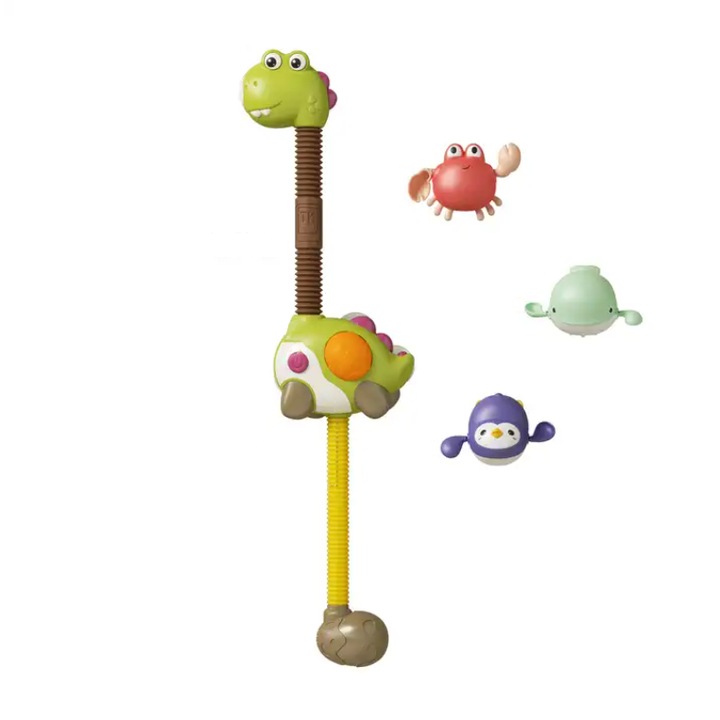 Детска играчка за баня Модел Динозавър с 3 играчки, Приставка за вендуза, Тип душ, Tumama®, +36 месеца, тъмнозелен