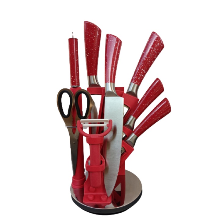 Set cutite bucatarie 9 piese din otel inoxidabil pentru feliere, taiat carne, fructe si legume, pentru dezosat si tocat, foarfece, curatator de coaja, masat pentru ascutit cutite in suport rotativ, Rosu