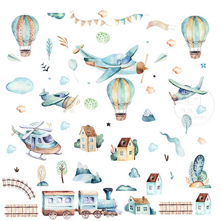 Sticker Decorativ Pentru Copii, Autoadezive, Avioane si baloane, 90x90 cm, SIPO