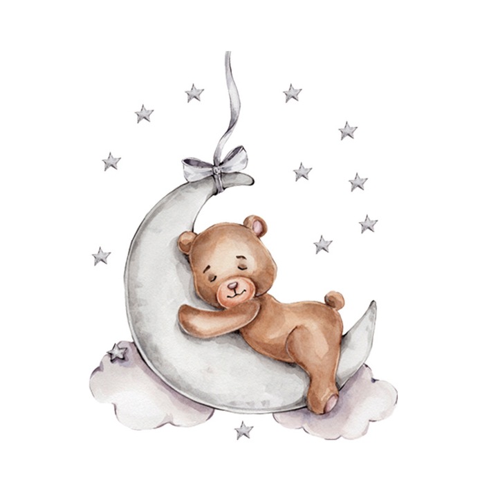 Sticker Decorativ Pentru Copii, Autoadezive, Ursulet de plus pe luna, 72x57 cm, SIPO