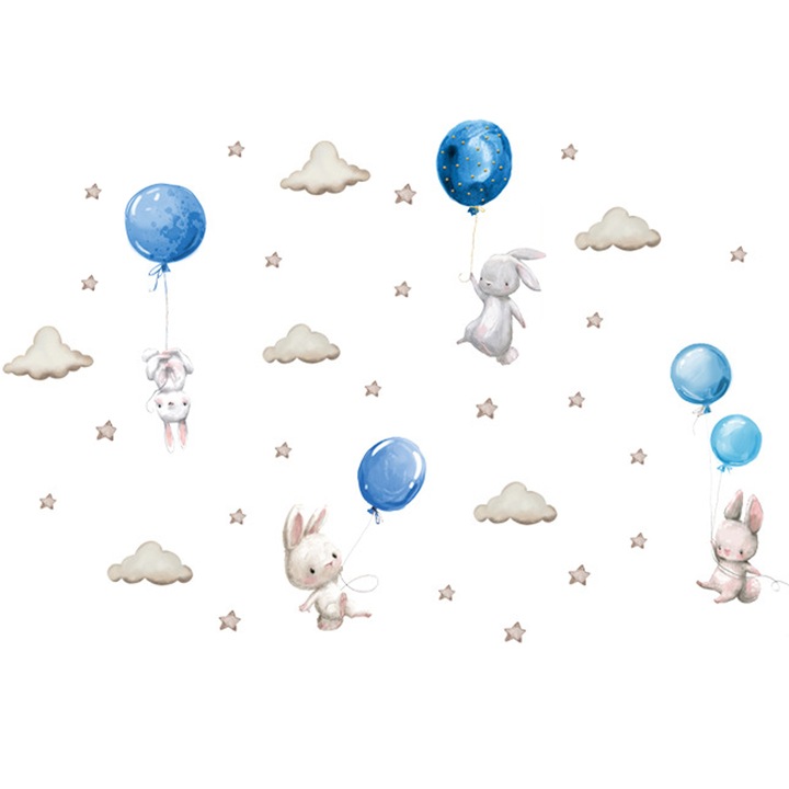 Sticker Decorativ Pentru Copii, Autoadezive, Iepurasi cu baloane, albastru, 70x49 cm, SIPO