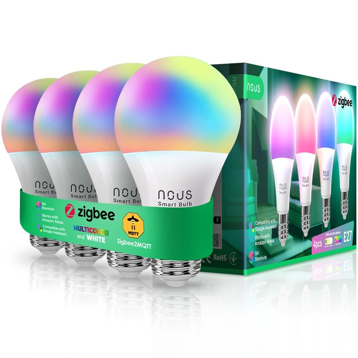 Set 4 becuri LED RGB inteligente Nous P3Z, ZigBee, E27, 9W, 810 lm, lumina alba si colorata, clasa energetica F