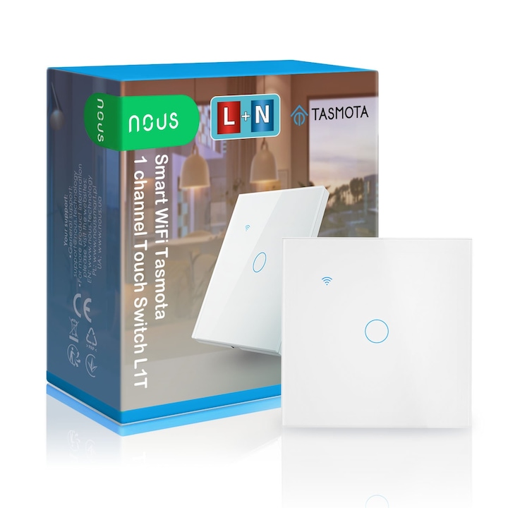 Smart Switch Nous L1T, Wi-Fi, érintésvezérléssel, 1 csatornás, Tasmota, üveg/műanyag, fehér