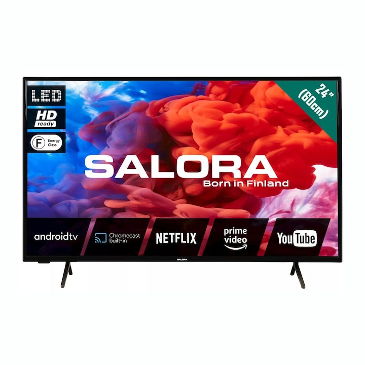 Телевизор Salora Smart LED HD, 24HA220, 60 см, Android, Chromecast, YouTube, Netflix, Amazon Prime, Google Play, черен