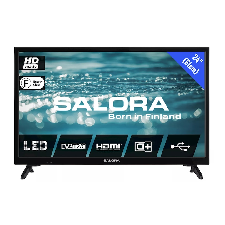 Televizor LED HD Salora, 24HL110, 61 cm, conexiune HDMI, Slot CI+ 1.3, tehnologie comb filter 2D/3D, Edge LED, Dolby Digital, ecran plat, 1366 x 768, negru