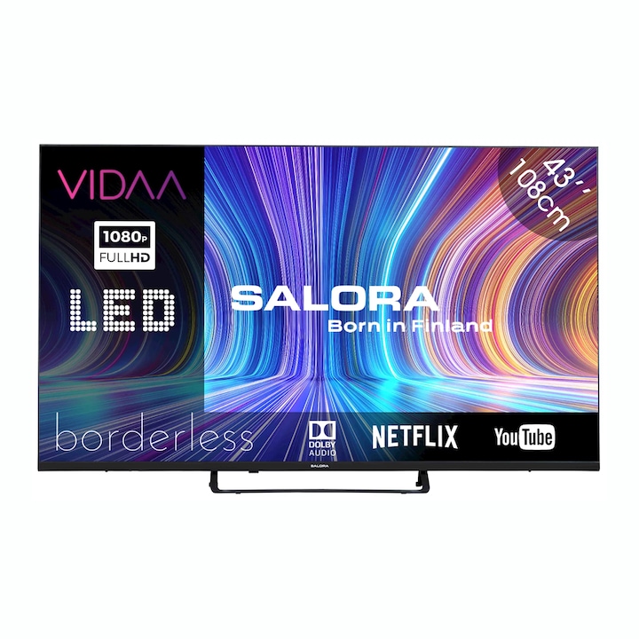 Salora Full HD Smart LED TV, 43FV210, 108 cm, VIDAA operációs rendszer, Amazon Prime, Apple TV, Disney+, Netflix, Wifi, Dolby Digital, Direct LED, keret nélküli, 2023-as modell, fekete