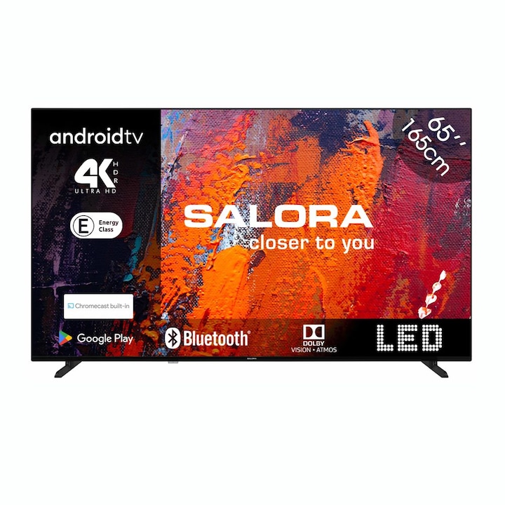 Smart LED 4K Ultra HD TV Salora, 65UA550, 165 cm, Android 11, Amazon Prime, Apple TV, Disney+, Netflix, Red Bull TV, Spotify, Wifi, Dolby Digital, Dolby Vision, Direct LED, Chromecast, Játék mód, fekete