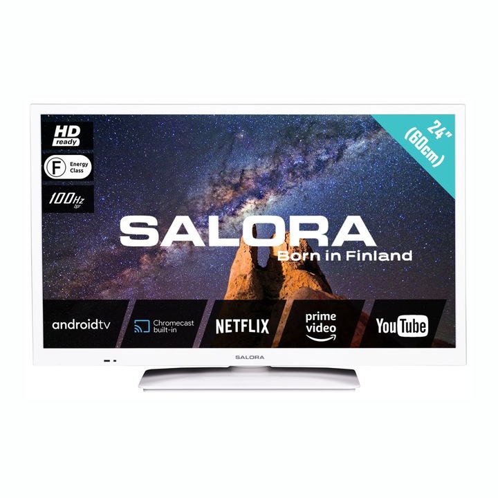 Телевизор Salora Smart LED HD, 24MILKYWAY, 60 см, Android, Amazon Prime, Netflix, Youtube, Wifi, Dolby Digital, High Dynamic Range 10, Chromecast, Bluetooth 5.0, бял