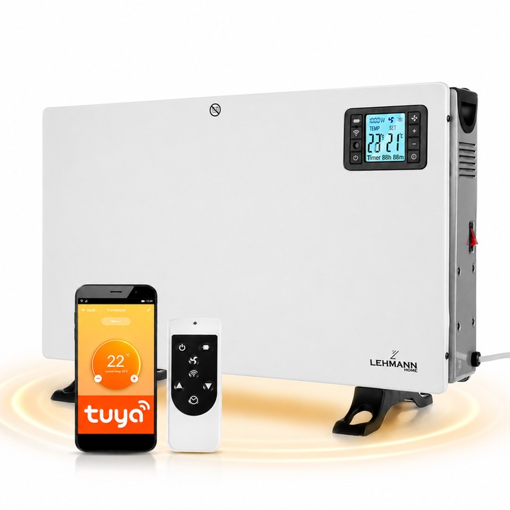 Convector electric Lehmann Palamos, 2000W, WI-FI, LED, timer, 3 trepte de putere, termostat, 370x135x655 mm, alb