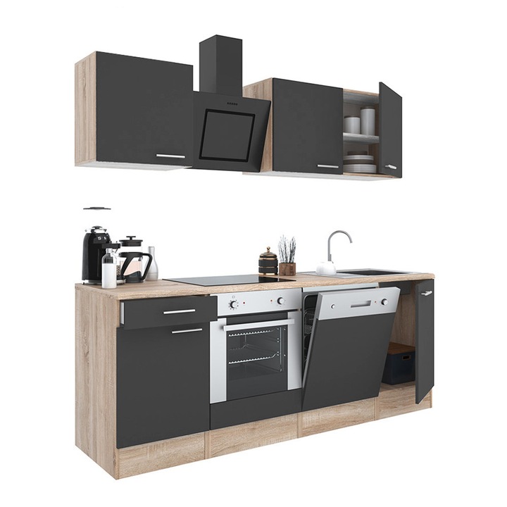 Set mobila bucatarie Yorki 220, corp stejar sonoma, fata antracit satinat cu element inferior cuptor