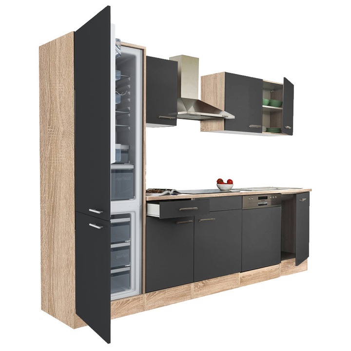Set mobila bucatarie Yorki 280, corp stejar sonoma, fata antracit satinat, frigider congelator jos