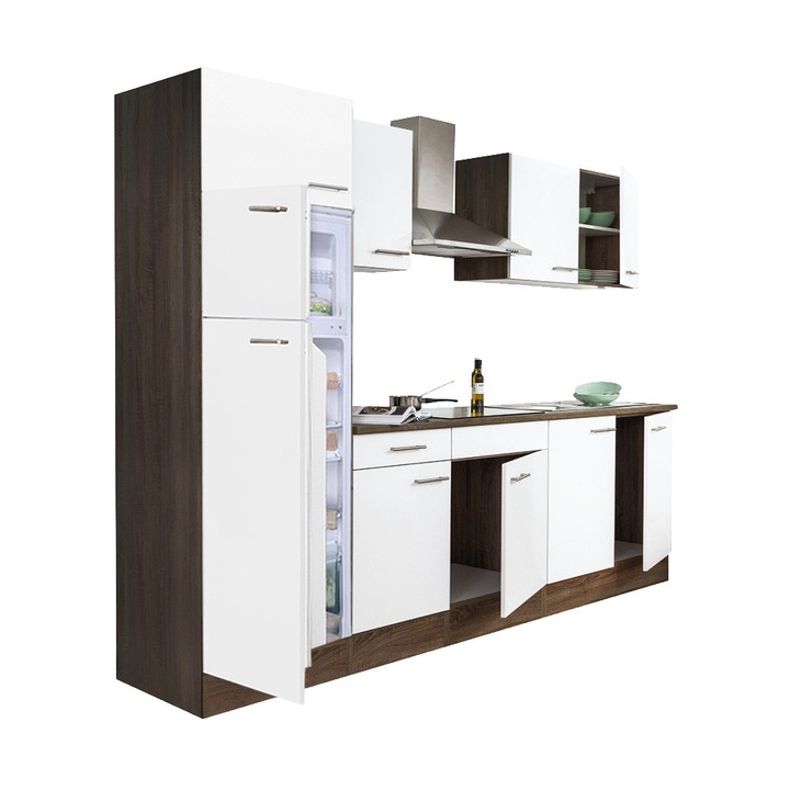 Set mobila bucatarie Yorki 270, corp din stejar Yorki, fata alb satinat, frigider top-freezer