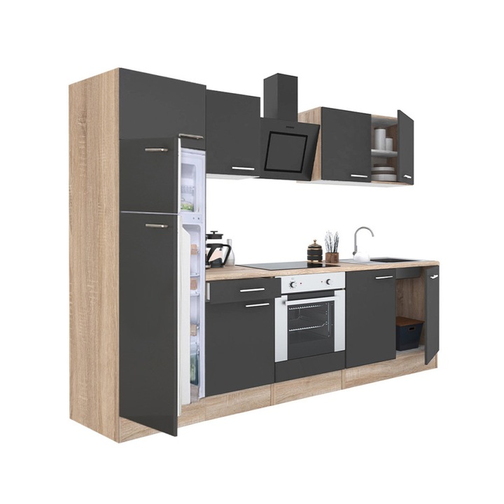 Set mobila bucatarie Yorki 270, corp din stejar sonoma, fata antracit satinat, element de jos cuptor, frigider cu congelator superior
