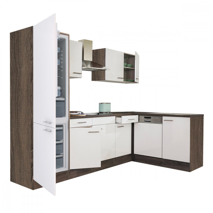 Set mobila bucatarie coltar Yorki 280, corp din stejar Yorki, fata alb satinat, frigider dedesubt