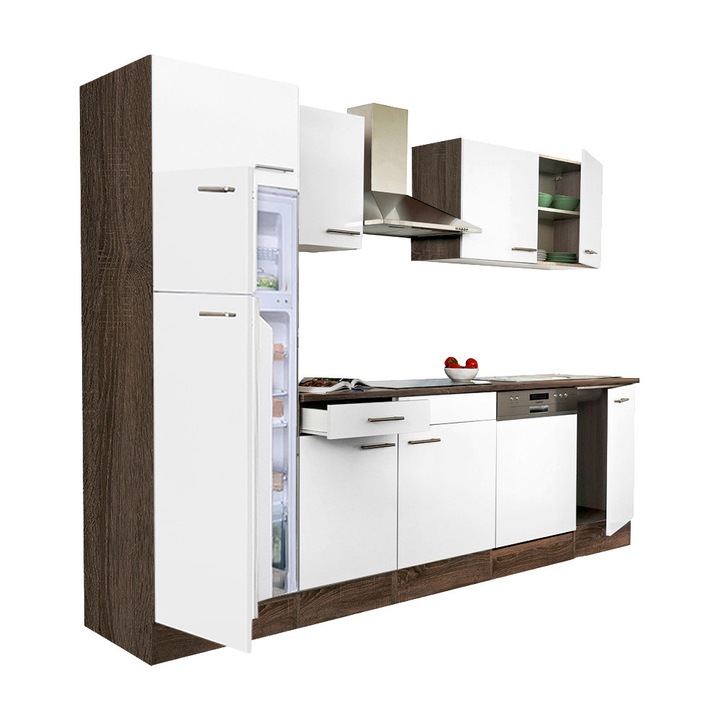 Set mobila bucatarie Yorki 280, corp din stejar Yorki, fata alb satinat, frigider top-freezer