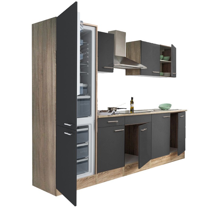 Set mobila bucatarie Yorki 270, corp stejar sonoma, fata antracit satinat, frigider congelator jos