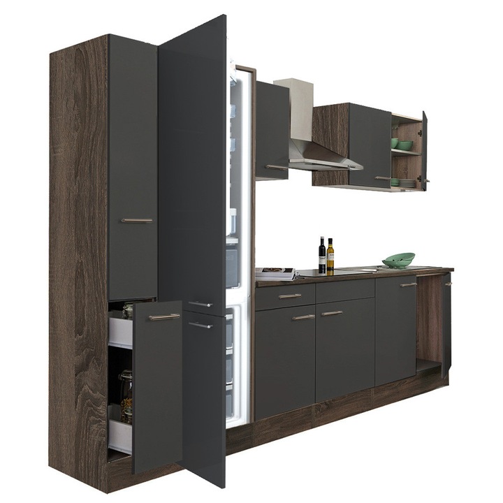 Set mobila bucatarie Yorki 300, corp din stejar Yorki, fata antracit satinat, frigider congelator jos