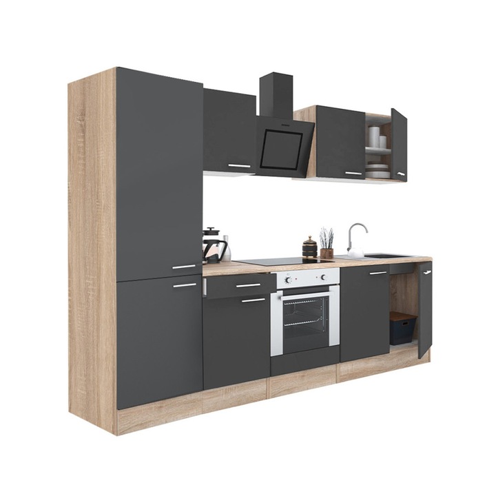 Set mobila bucatarie Yorki 270, corp stejar sonoma, fata antracit satinat, element inferior cuptor, dulap cu raft